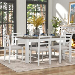 P PURLOVE 7 Pieces Dining Table Set, Wood Rectangular Kitchen Table and 6 Cushion Dining Chairs, Mutifunctional Extendable Table with 12" Leaf and 2 Drawers for 6 Person (Brown and White)