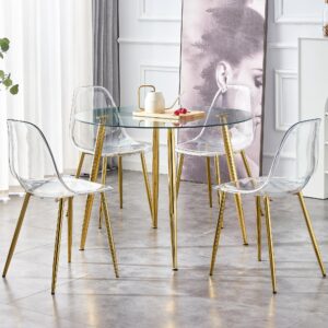 gold round glass dining table set for 4, modern kitchen table and chairs set of 4, a circle small round dining room table and clear acrylic chairs juego de comedor de 4 sillas y mesa