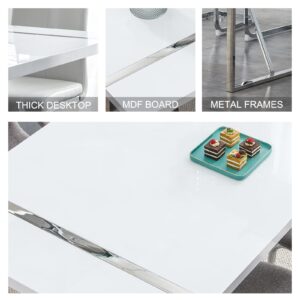 Dining Table Set for 6，White Rectangular MDF Kitchen Table and Leather Dining Chairs Set of 6, 7 Piece Dining Table Set，Modern Metal Frame Dining Room Table Set 6 with Metal Frame For Kitchen