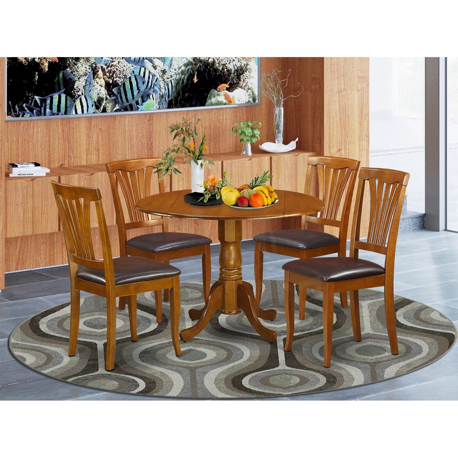 East West Furniture DLAV5-SBR-LC 5 Piece Dining Room Table Set Includes a Round Kitchen Table with Dropleaf and 4 Faux Leather Upholstered Dining Chairs, 42x42 Inch, Saddle Brown