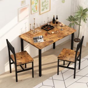 AWQM 3 Piece Dining Table Set, Small Industrial Kitchen Table and 2 Chairs, Kitchen Breakfast Dining Table Set, Breakfast Table Set for Dining Room, Living Room, Apartment, Small Space, Brown