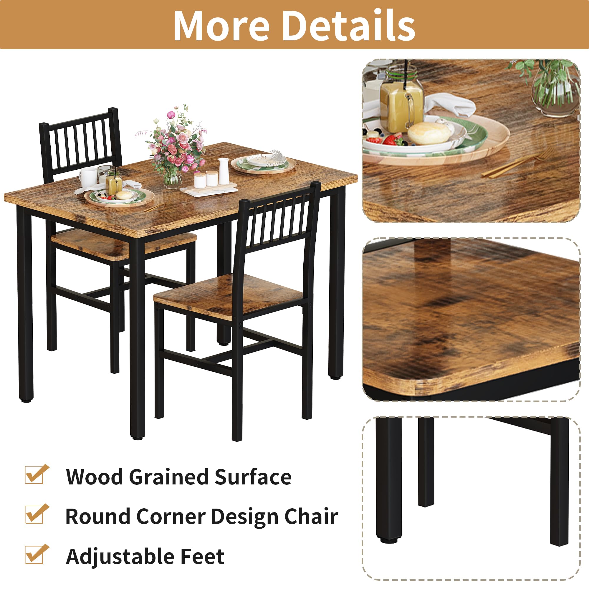 AWQM 3 Piece Dining Table Set, Small Industrial Kitchen Table and 2 Chairs, Kitchen Breakfast Dining Table Set, Breakfast Table Set for Dining Room, Living Room, Apartment, Small Space, Brown