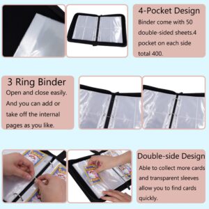 Roffatide 4 Pocket Binder Cards with 50 Removable Double Sided Pages Sheets Trading Card Binder Holds Up to 400 Cards Pockets Zipper Album For Boys Girls