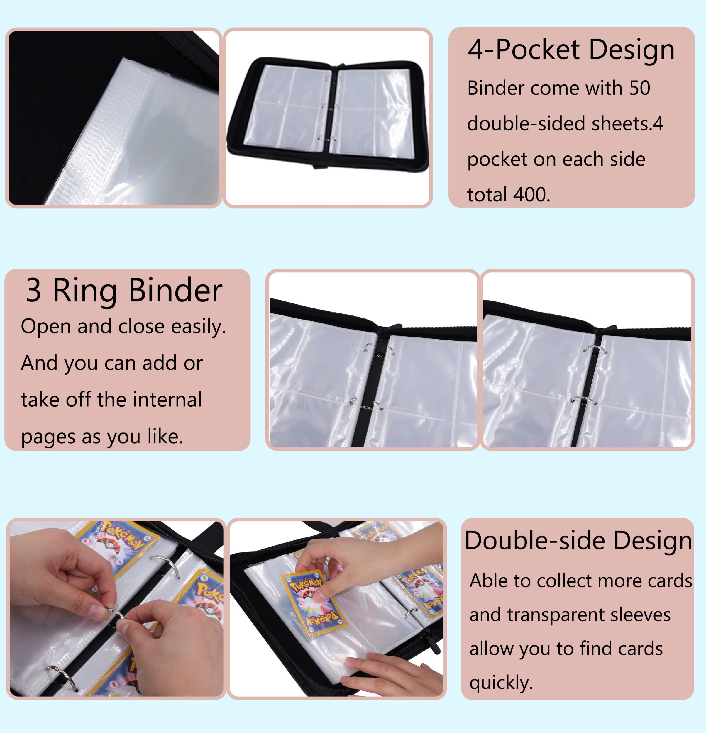 Roffatide 4 Pocket Binder Cards with 50 Removable Double Sided Pages Sheets Trading Card Binder Holds Up to 400 Cards Pockets Zipper Album For Boys Girls