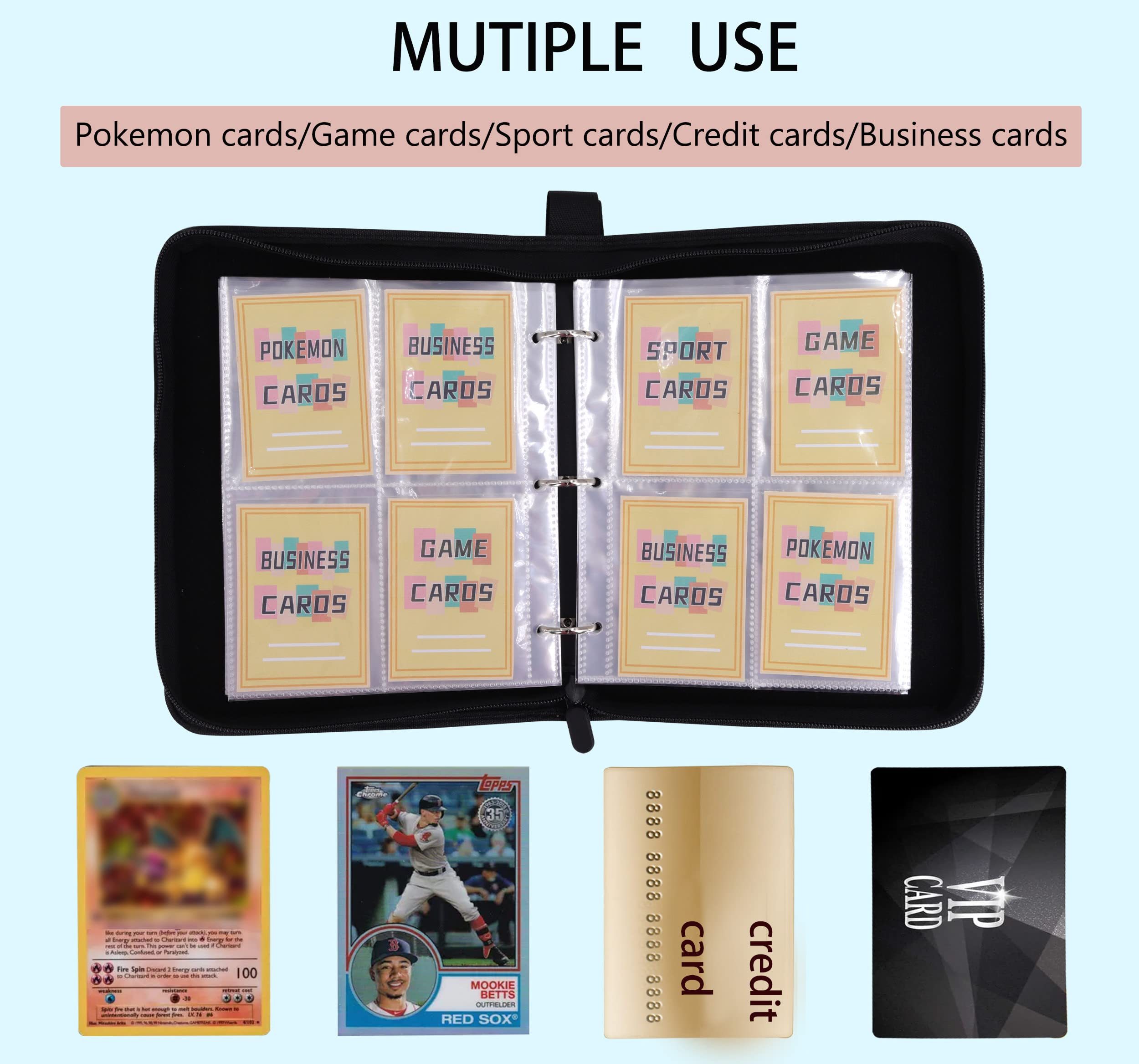 Roffatide 4 Pocket Binder Cards with 50 Removable Double Sided Pages Sheets Trading Card Binder Holds Up to 400 Cards Pockets Zipper Album For Boys Girls