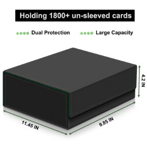 Card Deck Case for Trading Cards,Card Storage Box Holds 1800+ Single Sleeved Cards,PU Leather Magnetic Closure Commander Card Boxes Magic Card Holders Fit for Game Cards and Sport Cards (Black&Green)