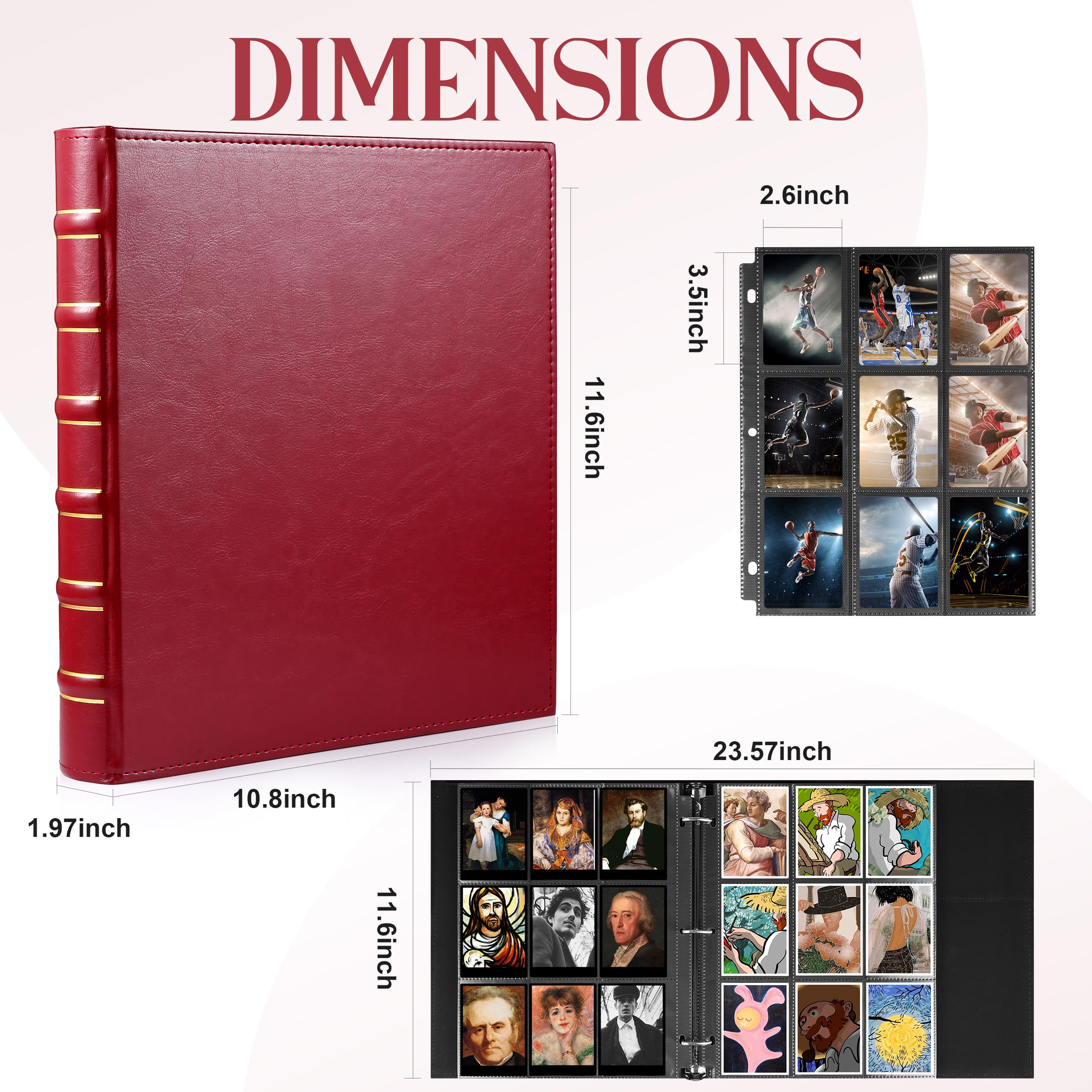 WOT I Deluxe Trading Card Binder, 540 Pockets Collectible Card Binder Sleeves, Refillable Leather 3 Ring Binder with Double Sided Pockets for Holding Cherished Cards - Red