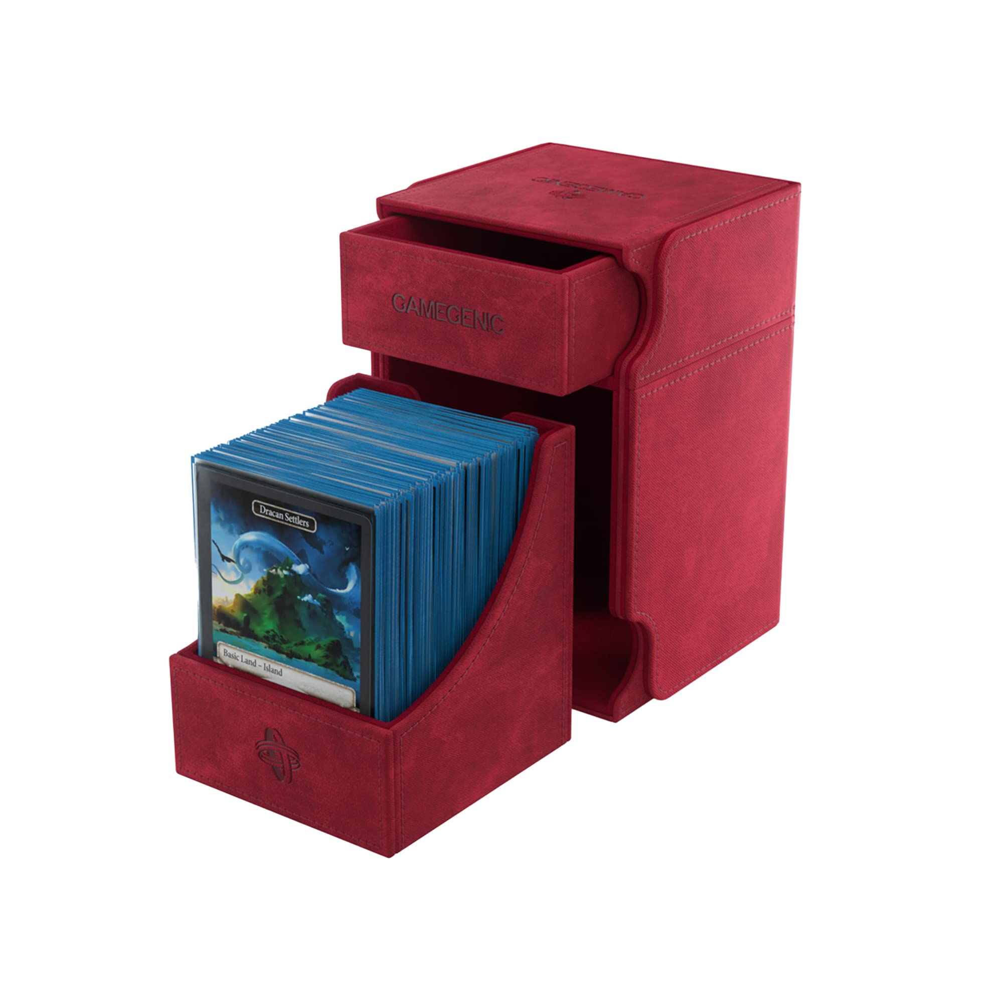 Watchtower 100+ XL Convertible Deck Box | Double-Sleeved Card Storage | Card Game Protector | Nexofyber Surface | Holds Up to 100 Cards | Red Color | Made by Gamegenic (GGS20105ML)