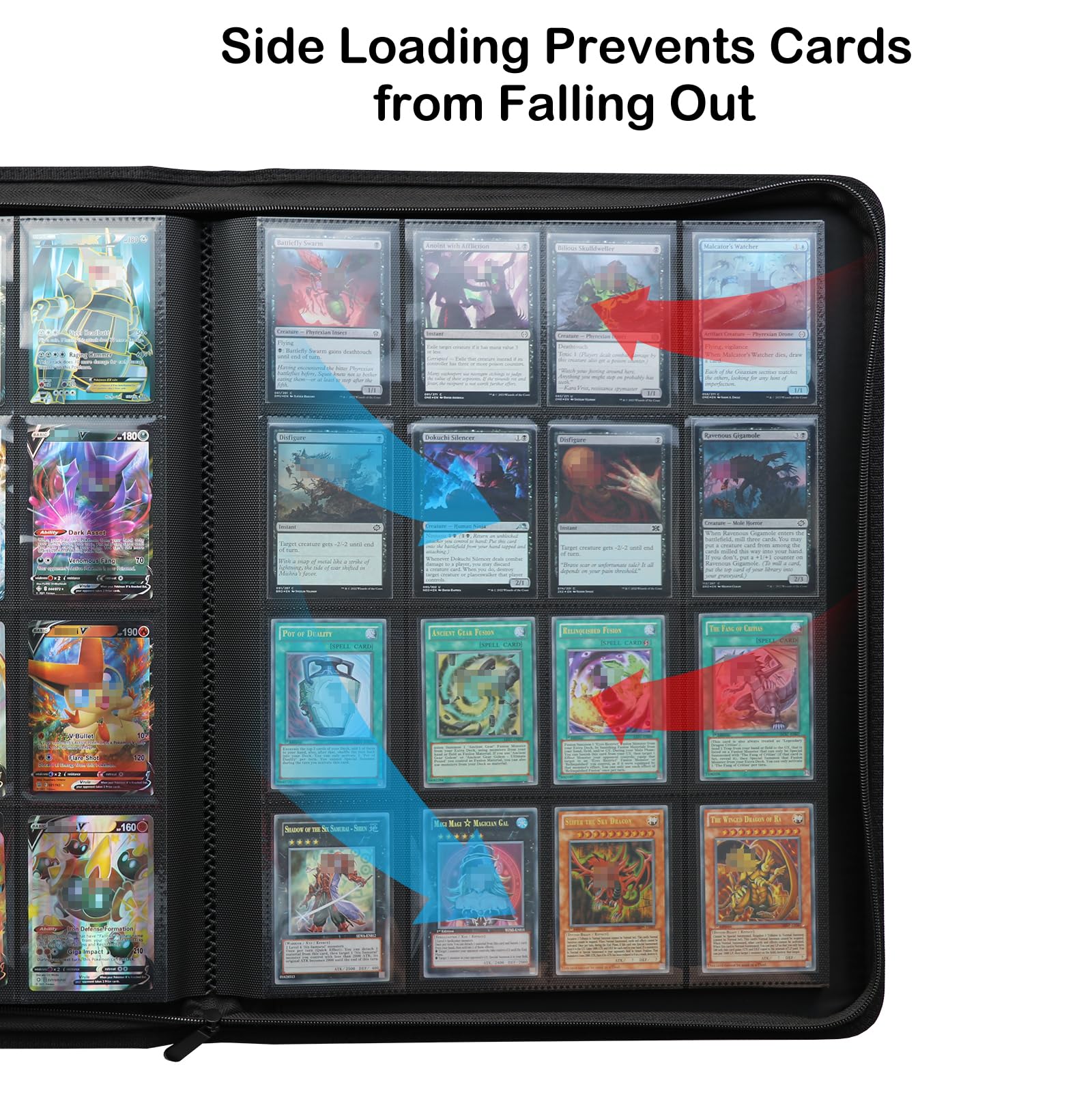 Rayvol Premium 1000+ Pockets Card Binder, 16-Pocket Ringless Trading Card Album Folder - Side Loading UltraSonic-161024 Tech Zip Binder for TCG -Black