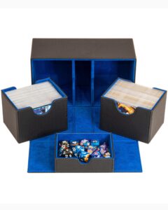 durable double deck box with dice tray - mtg deck box commander friendly - protects 200+ double sleeved cards - designed for mtg commander deck box with sideloading card trays (blue interior)