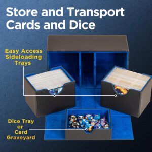 Durable Double Deck Box with Dice Tray - MTG Deck Box Commander Friendly - Protects 200+ Double Sleeved Cards - Designed for MTG Commander Deck Box with Sideloading Card Trays (Blue Interior)