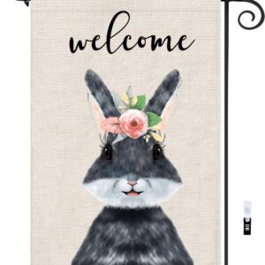 Spring Garden Flag 12 x 18 Double Sided, Welcome Spring Yard Flag with Floral Bunny - Burlap Flag Small Seasonal Flags For Home Decor Outside Yard Decorations