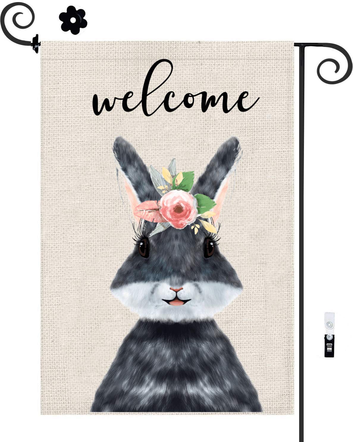 Spring Garden Flag 12 x 18 Double Sided, Welcome Spring Yard Flag with Floral Bunny - Burlap Flag Small Seasonal Flags For Home Decor Outside Yard Decorations