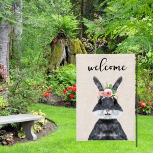 Spring Garden Flag 12 x 18 Double Sided, Welcome Spring Yard Flag with Floral Bunny - Burlap Flag Small Seasonal Flags For Home Decor Outside Yard Decorations