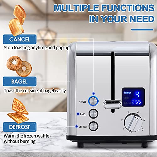 Toaster 2 Slice, CUSIMAX Stainless Steel Toaster with Large LED Display, Bread Toaster 1.5'' Extra-wide Slots with 6 Browning Settings, Cancel/Bagel/Defrost Function, Removable Crumb Tray, Silver