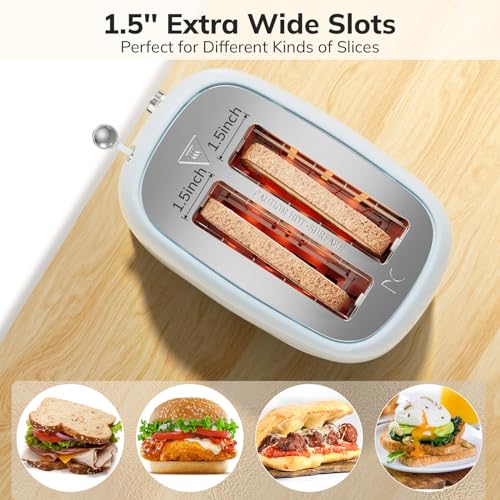 2 Slice Toaster Retro Stainless Steel Toaster with Bagel, Cancel, Defrost Function and 6 Bread Shade Settings Bread Toaster, Extra Wide Slot and Removable Crumb Tray, Blue