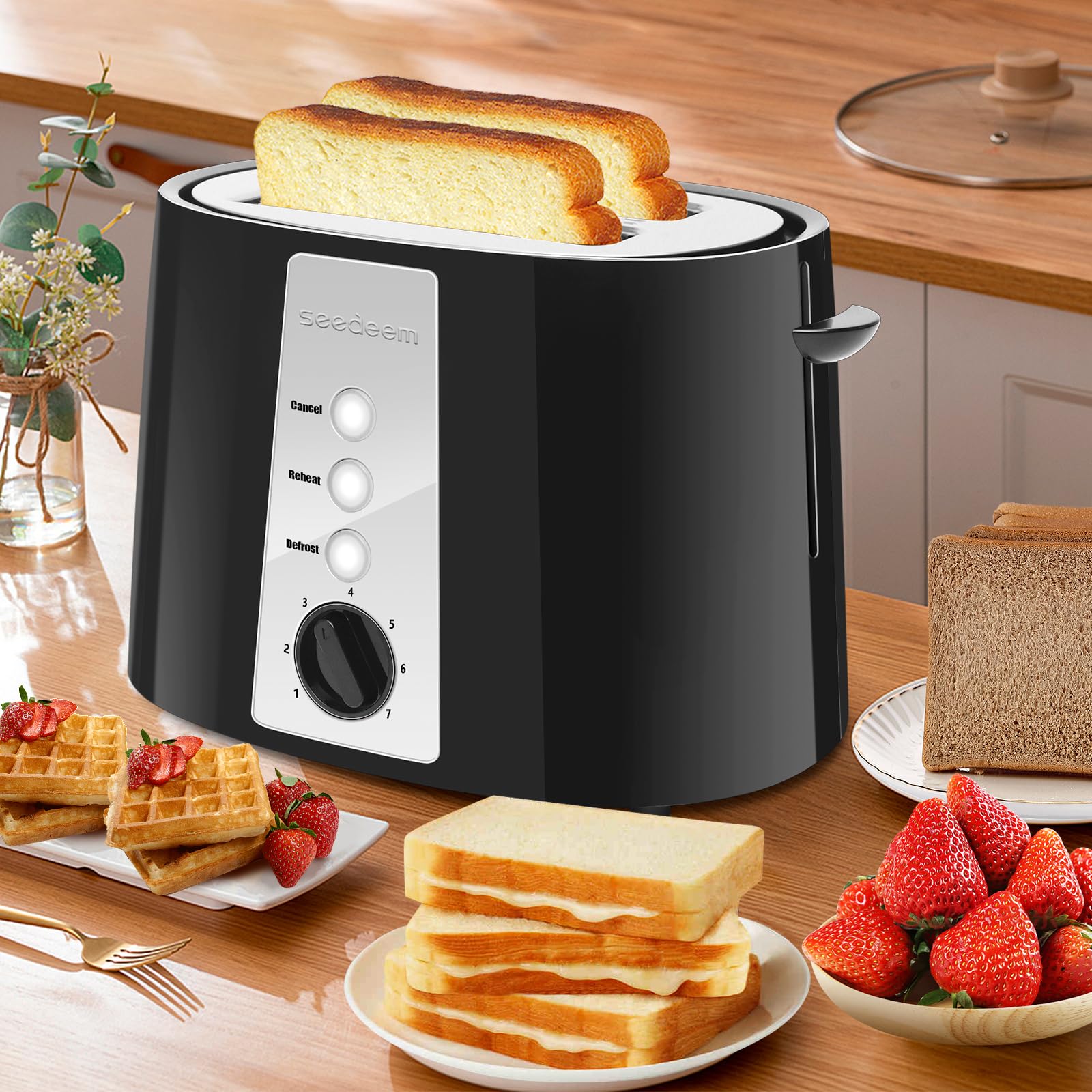 SEEDEEM Toaster 2 Slice, Extra Wide Slot Toaster, 7 Shade Settings, Bread Toaster with Cancel, Defrost, Reheat Function, Extra Wide Slots for Waffle or Bagel, Removable Crumb Tray, 750W, Classic Black