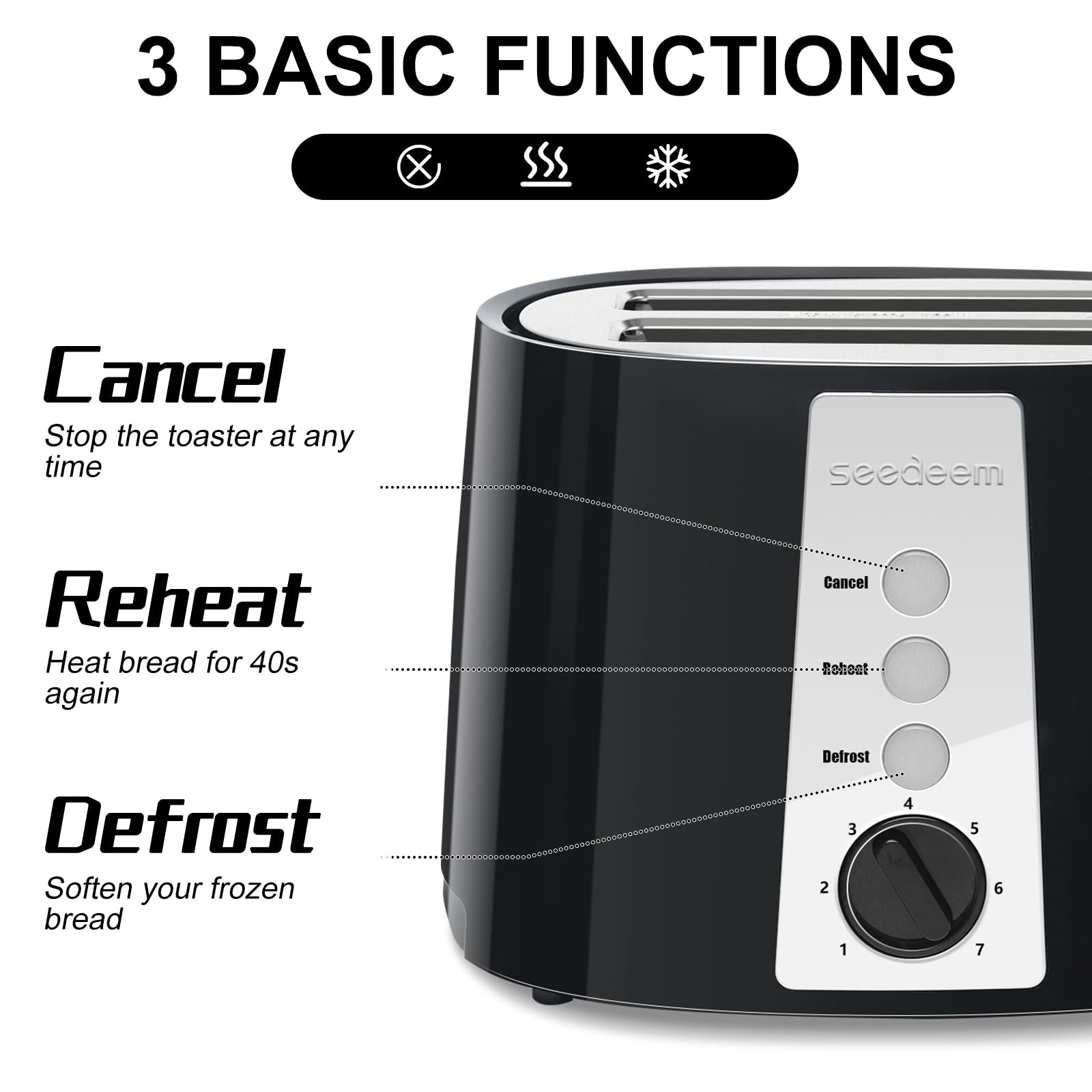 SEEDEEM Toaster 2 Slice, Extra Wide Slot Toaster, 7 Shade Settings, Bread Toaster with Cancel, Defrost, Reheat Function, Extra Wide Slots for Waffle or Bagel, Removable Crumb Tray, 750W, Classic Black