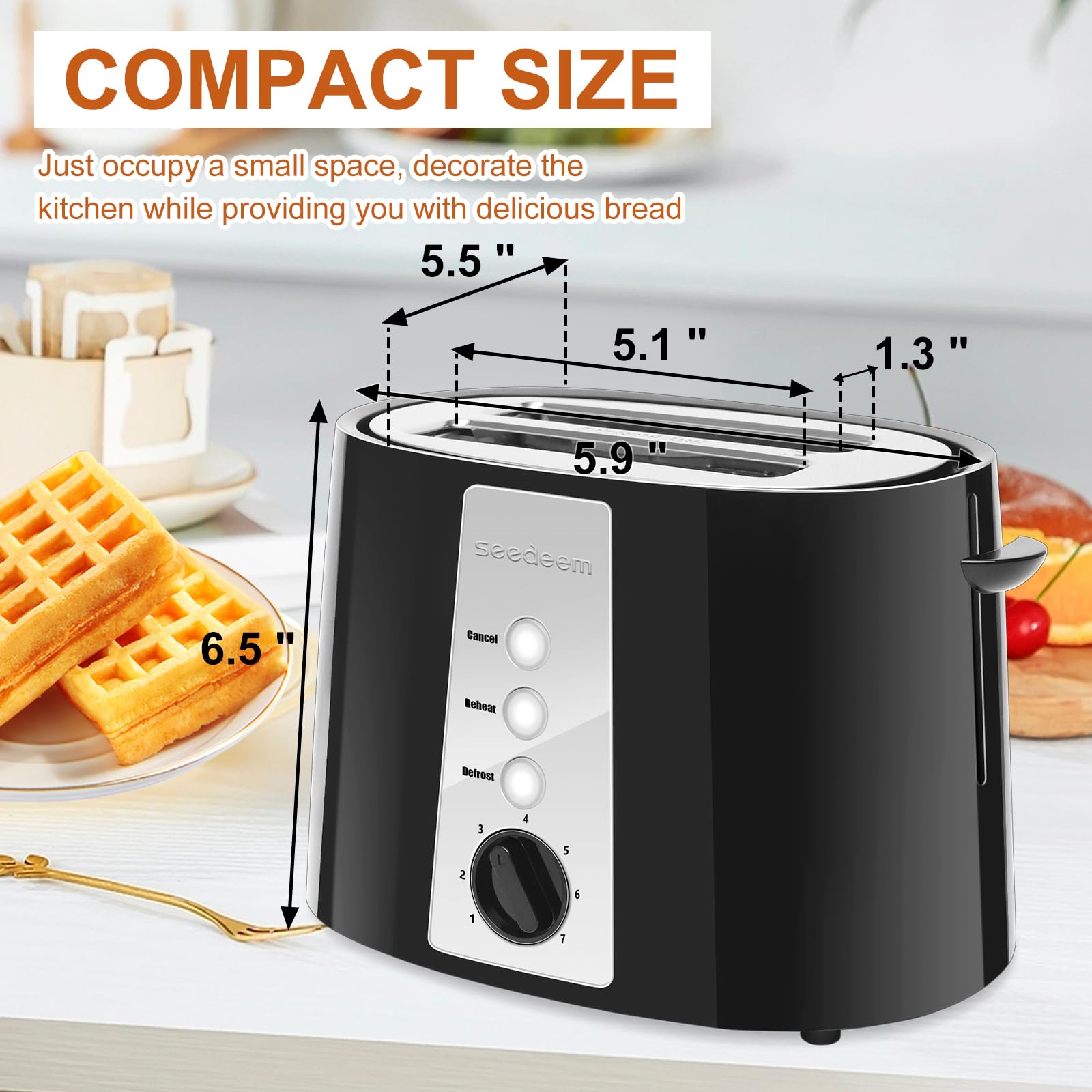 SEEDEEM Toaster 2 Slice, Extra Wide Slot Toaster, 7 Shade Settings, Bread Toaster with Cancel, Defrost, Reheat Function, Extra Wide Slots for Waffle or Bagel, Removable Crumb Tray, 750W, Classic Black