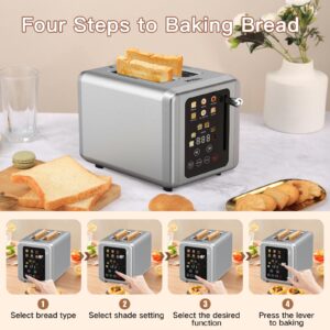 WHALL Touch Screen Toaster 2 Slice, Stainless Steel Digital Timer Toaster with Sound Function, Smart Extra Wide Slots Toaster with Bagel, Cancel, Defrost