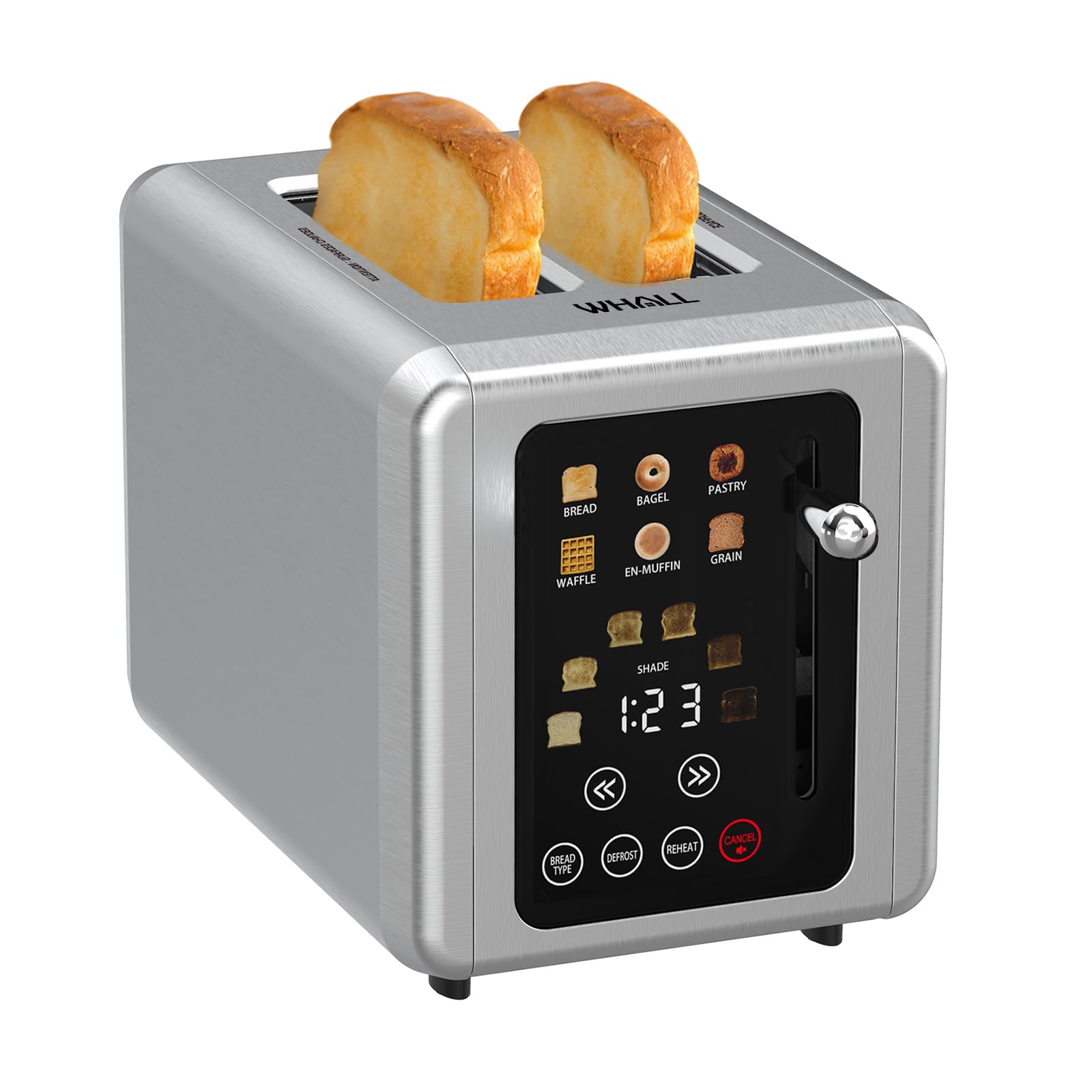 WHALL Touch Screen Toaster 2 Slice, Stainless Steel Digital Timer Toaster with Sound Function, Smart Extra Wide Slots Toaster with Bagel, Cancel, Defrost