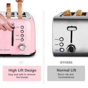 Toaster 4 Slice, Roter Mond Retro Stainless Steel Toaster with Extra Wide Slots Bagel, Defrost, Reheat Function, Dual Independent Control Panel, Removable Crumb Tray, 6 Browning Levels, Pink