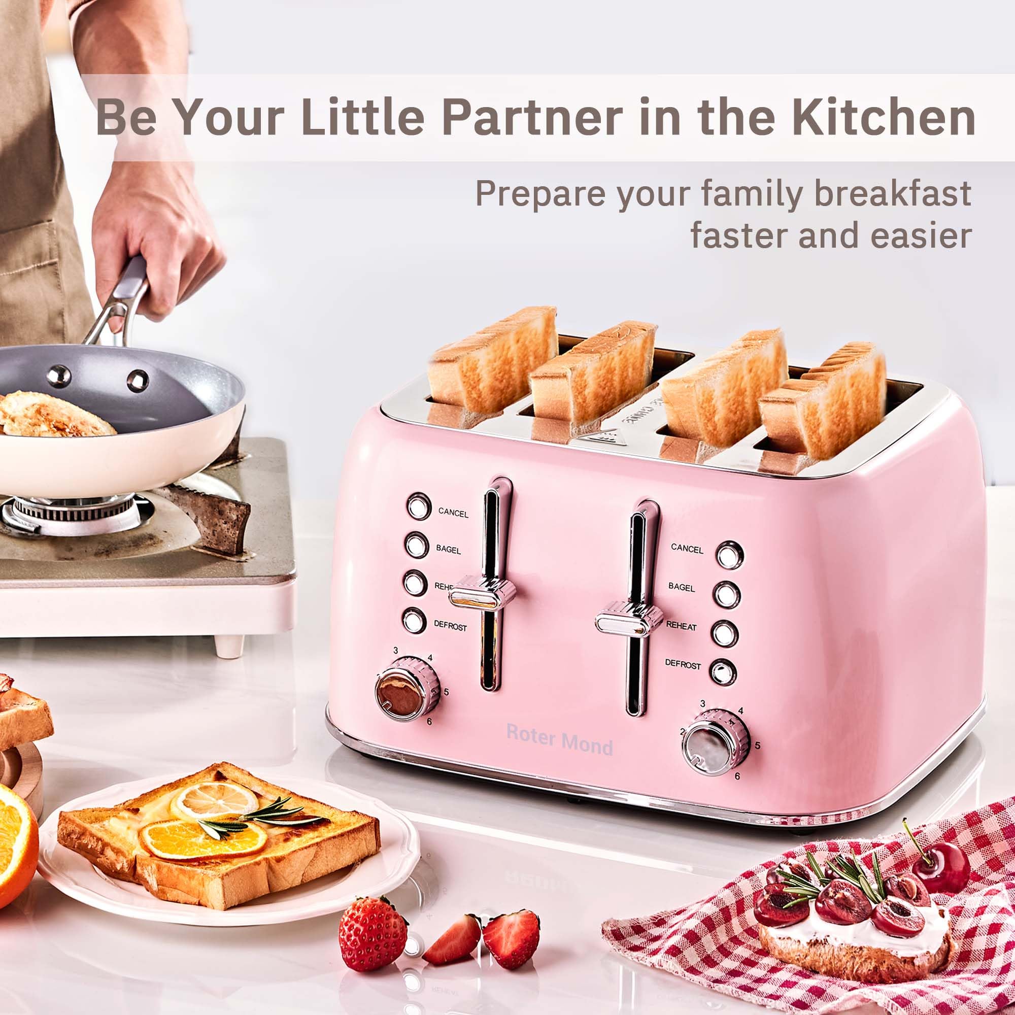 Toaster 4 Slice, Roter Mond Retro Stainless Steel Toaster with Extra Wide Slots Bagel, Defrost, Reheat Function, Dual Independent Control Panel, Removable Crumb Tray, 6 Browning Levels, Pink