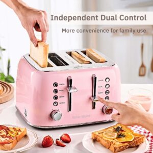 Toaster 4 Slice, Roter Mond Retro Stainless Steel Toaster with Extra Wide Slots Bagel, Defrost, Reheat Function, Dual Independent Control Panel, Removable Crumb Tray, 6 Browning Levels, Pink