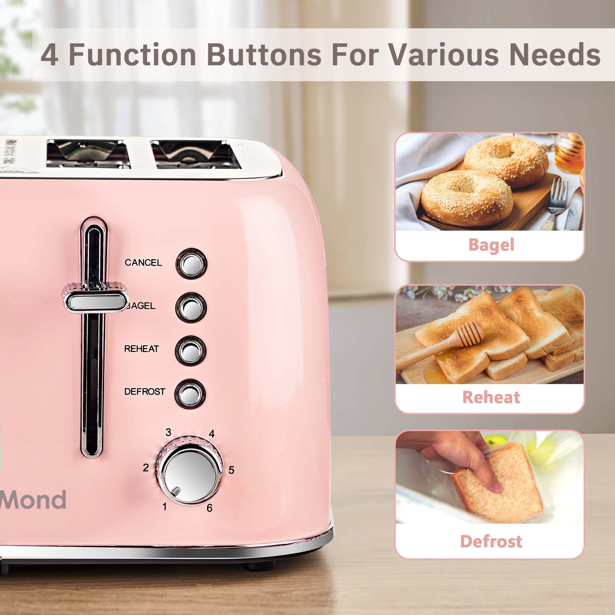 Toaster 4 Slice, Roter Mond Retro Stainless Steel Toaster with Extra Wide Slots Bagel, Defrost, Reheat Function, Dual Independent Control Panel, Removable Crumb Tray, 6 Browning Levels, Pink