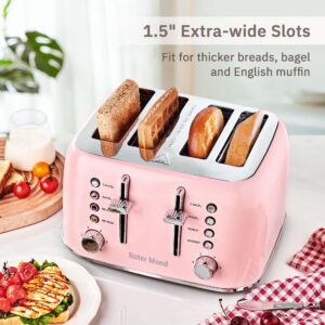 Toaster 4 Slice, Roter Mond Retro Stainless Steel Toaster with Extra Wide Slots Bagel, Defrost, Reheat Function, Dual Independent Control Panel, Removable Crumb Tray, 6 Browning Levels, Pink