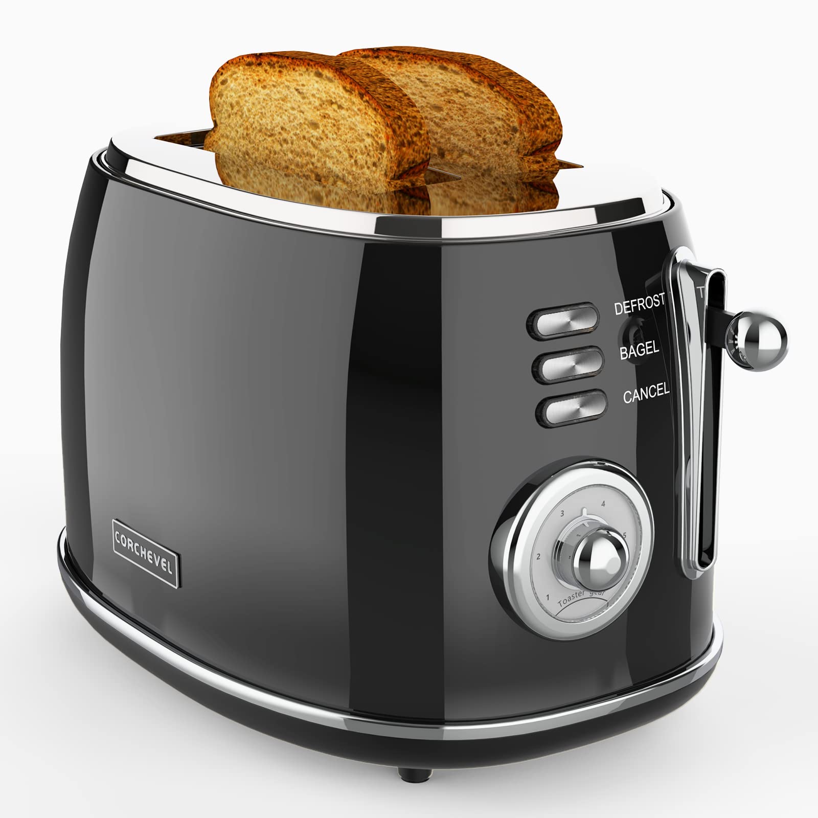 CORCHEVEL Retro 2 Slice Stainless Steel Toaster with Removable Crumb Tray, 6 Bread Shade Settings, Bagel, Defrost and Cancel Options (Black)