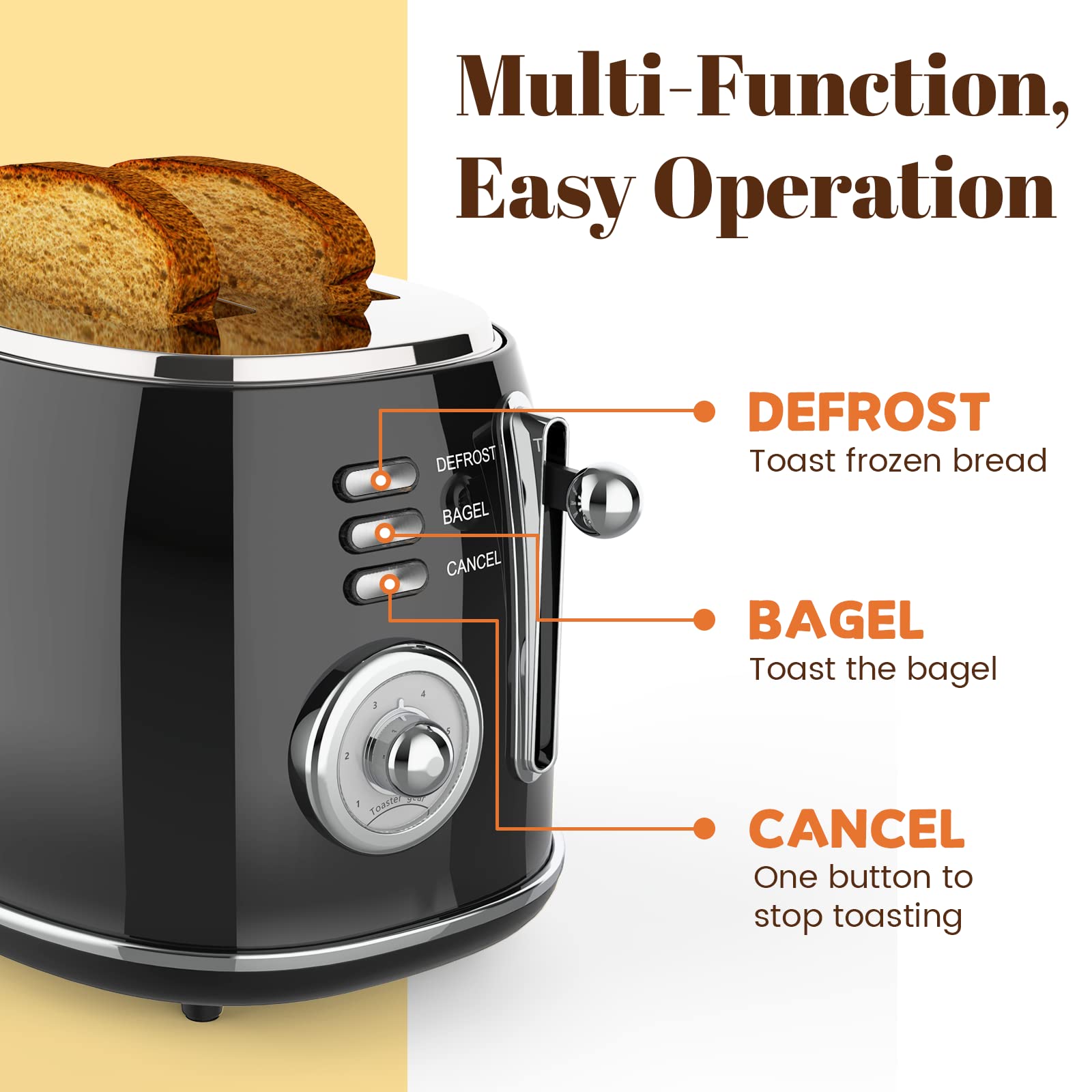 CORCHEVEL Retro 2 Slice Stainless Steel Toaster with Removable Crumb Tray, 6 Bread Shade Settings, Bagel, Defrost and Cancel Options (Black)