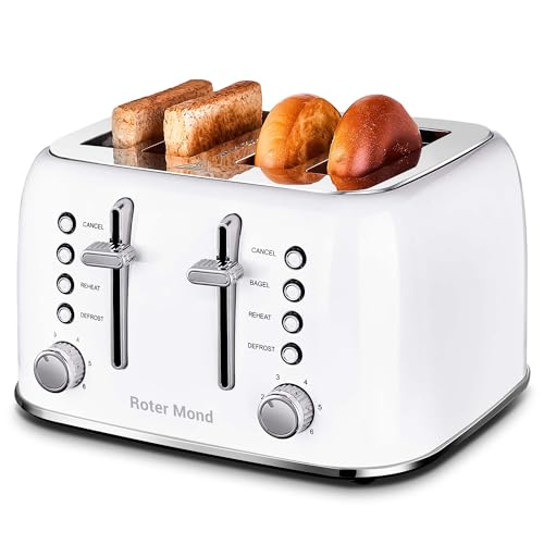 Toaster 4 Slice, Roter Mond Retro Stainless Steel Toaster with Extra Wide Slots Bagel, Defrost, Reheat Function, Dual Independent Control Panel, Removable Crumb Tray, 6 Browning Levels, White