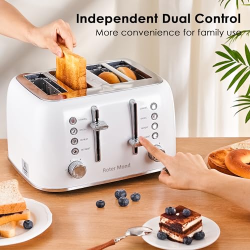 Toaster 4 Slice, Roter Mond Retro Stainless Steel Toaster with Extra Wide Slots Bagel, Defrost, Reheat Function, Dual Independent Control Panel, Removable Crumb Tray, 6 Browning Levels, White