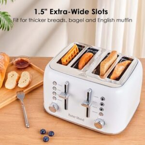 Toaster 4 Slice, Roter Mond Retro Stainless Steel Toaster with Extra Wide Slots Bagel, Defrost, Reheat Function, Dual Independent Control Panel, Removable Crumb Tray, 6 Browning Levels, White