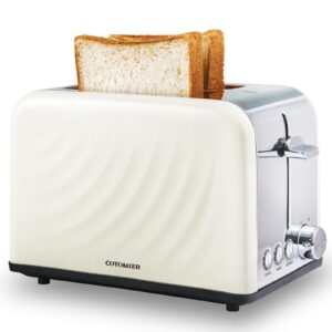 cotomier toaster 2 slice, retro cream white stainless steel toaster with defrost bagel cancel function & 6 shade settings (cream)