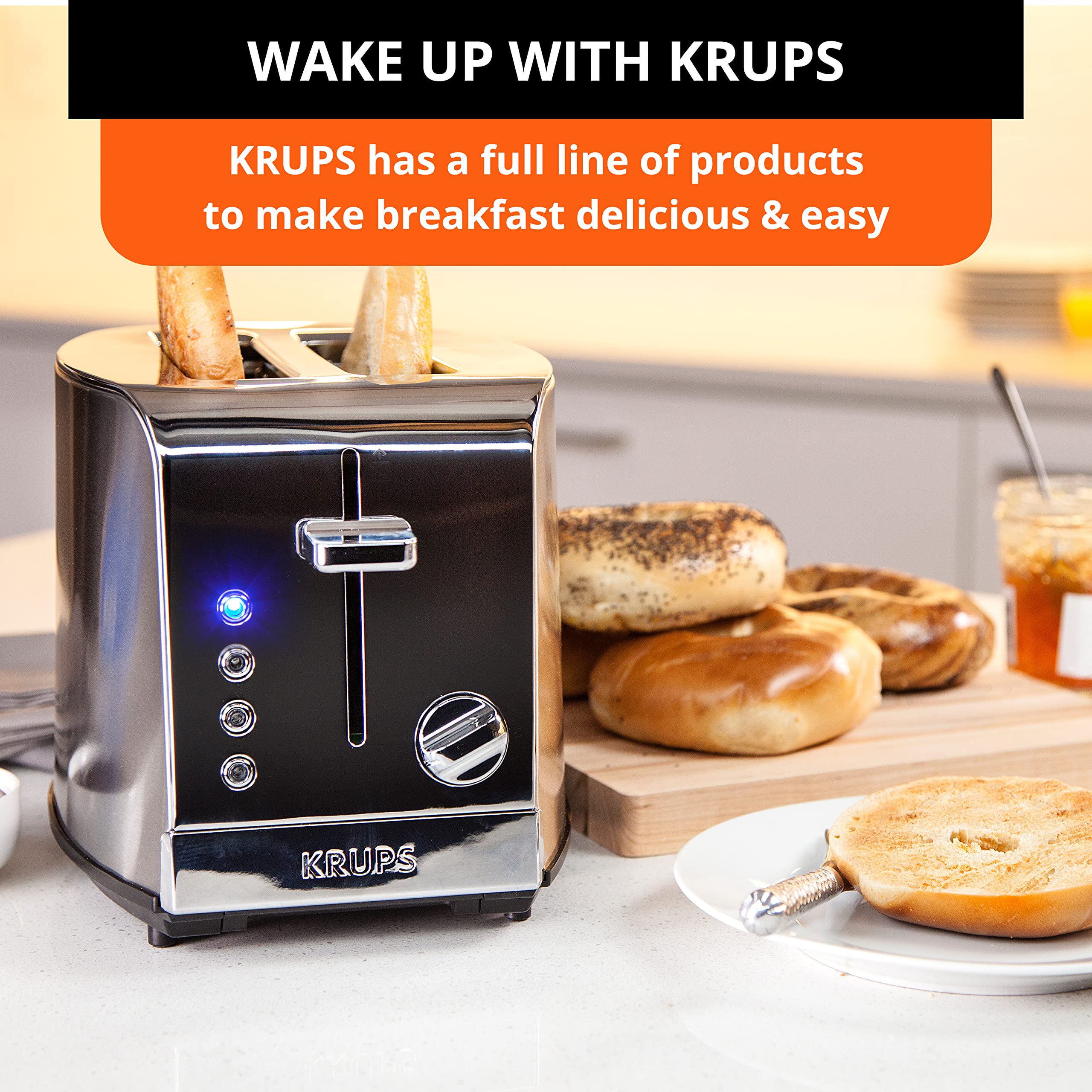 KRUPS 2 Slice Toaster with 6 browning levels and 4 easy-to-use functions, Stainless Steel, Silver