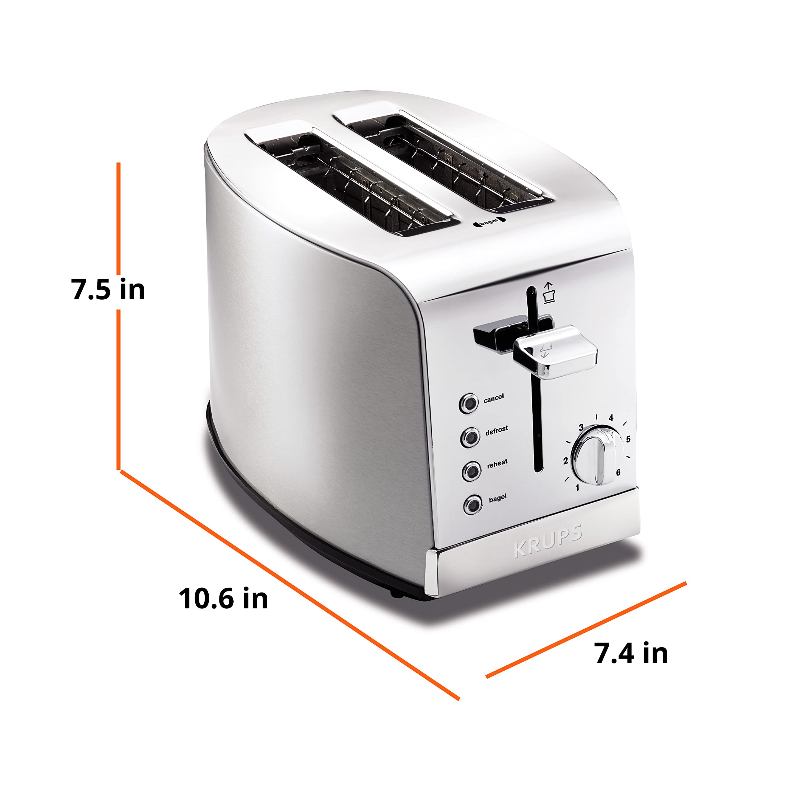 KRUPS 2 Slice Toaster with 6 browning levels and 4 easy-to-use functions, Stainless Steel, Silver