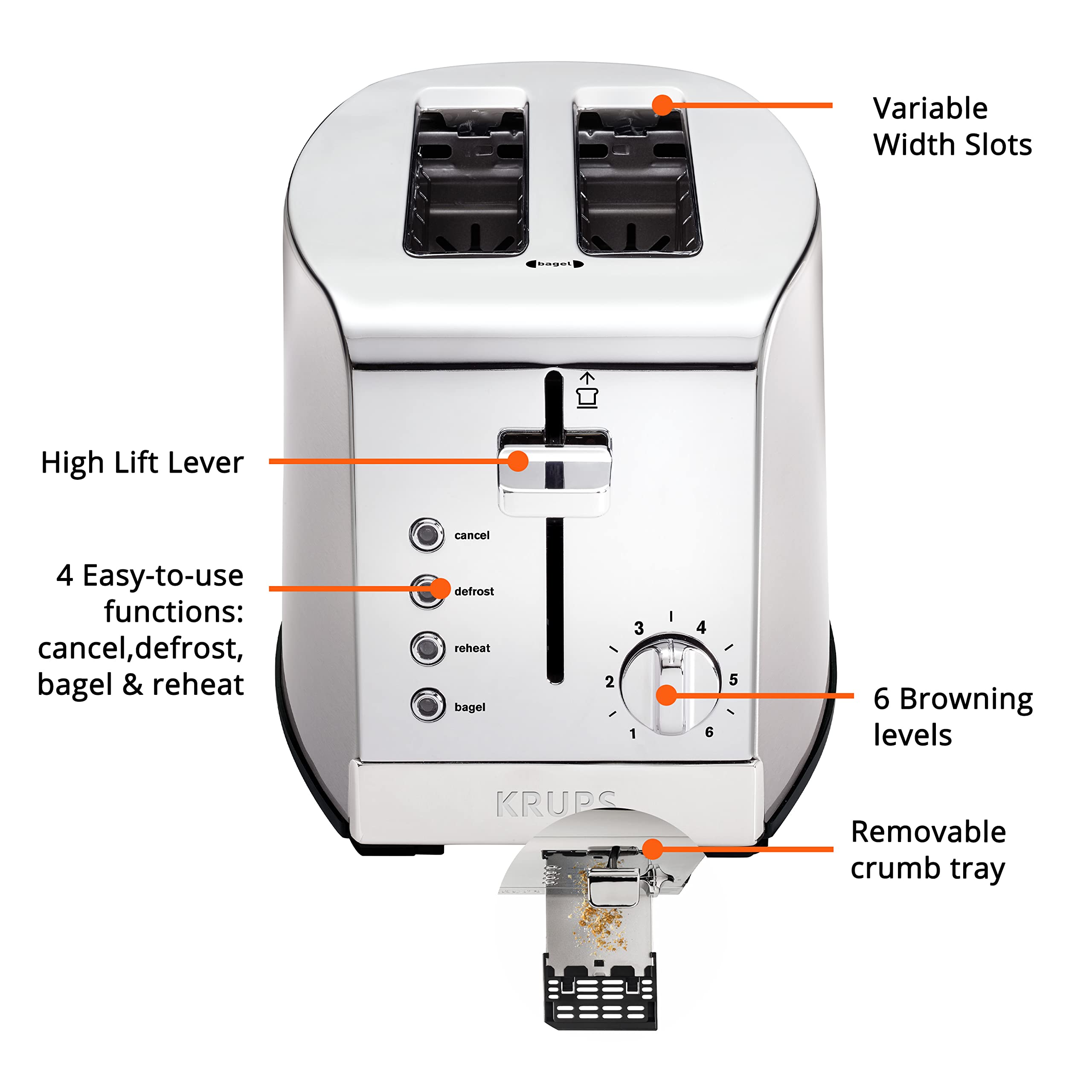 KRUPS 2 Slice Toaster with 6 browning levels and 4 easy-to-use functions, Stainless Steel, Silver