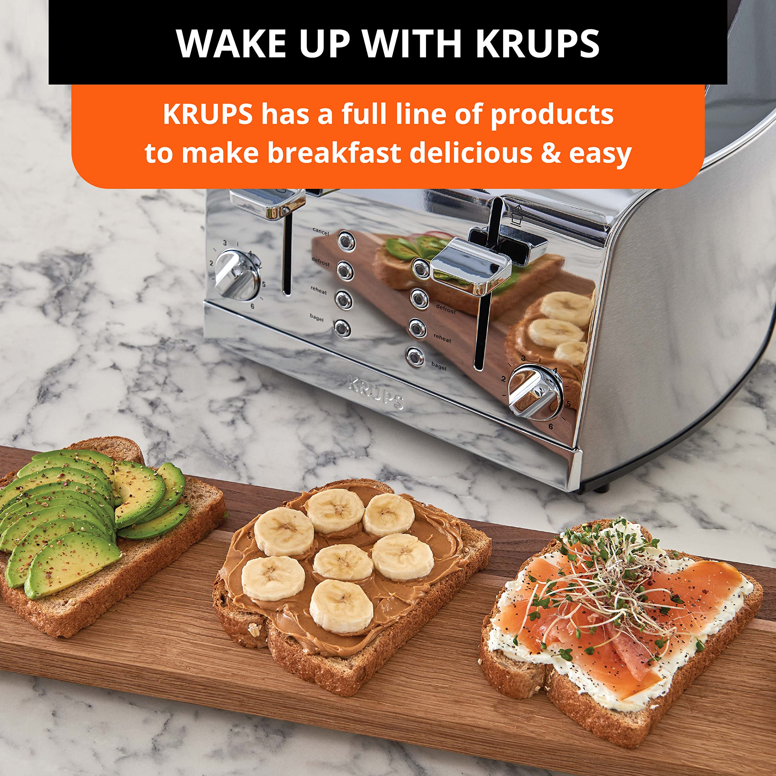 Krups Toaster Stainless Steel Toaster 4 Slice 4 Functions, Cancel, Bagel, Reheat, Defrost, 1500 watts 6 Shade Settings, Removable Crumb Tray