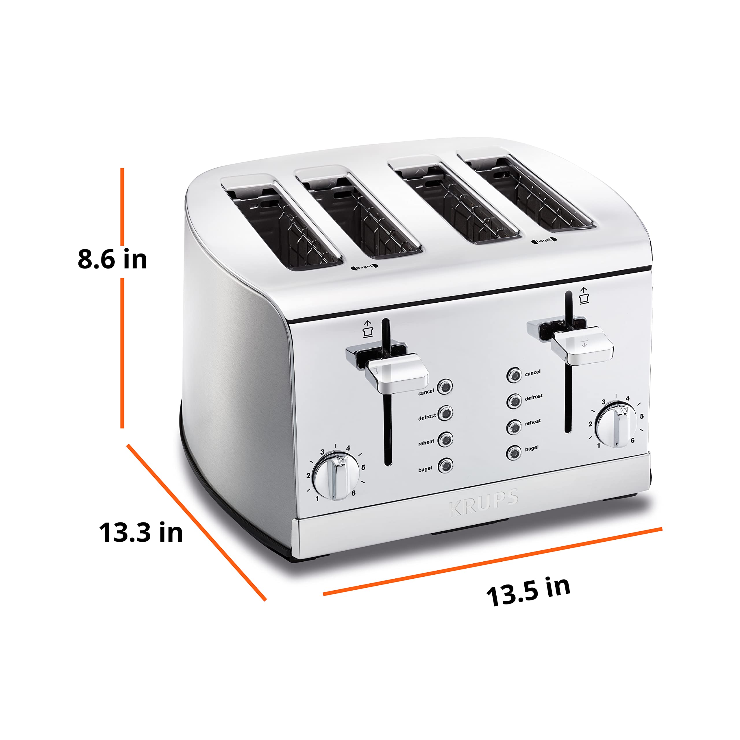 Krups Toaster Stainless Steel Toaster 4 Slice 4 Functions, Cancel, Bagel, Reheat, Defrost, 1500 watts 6 Shade Settings, Removable Crumb Tray