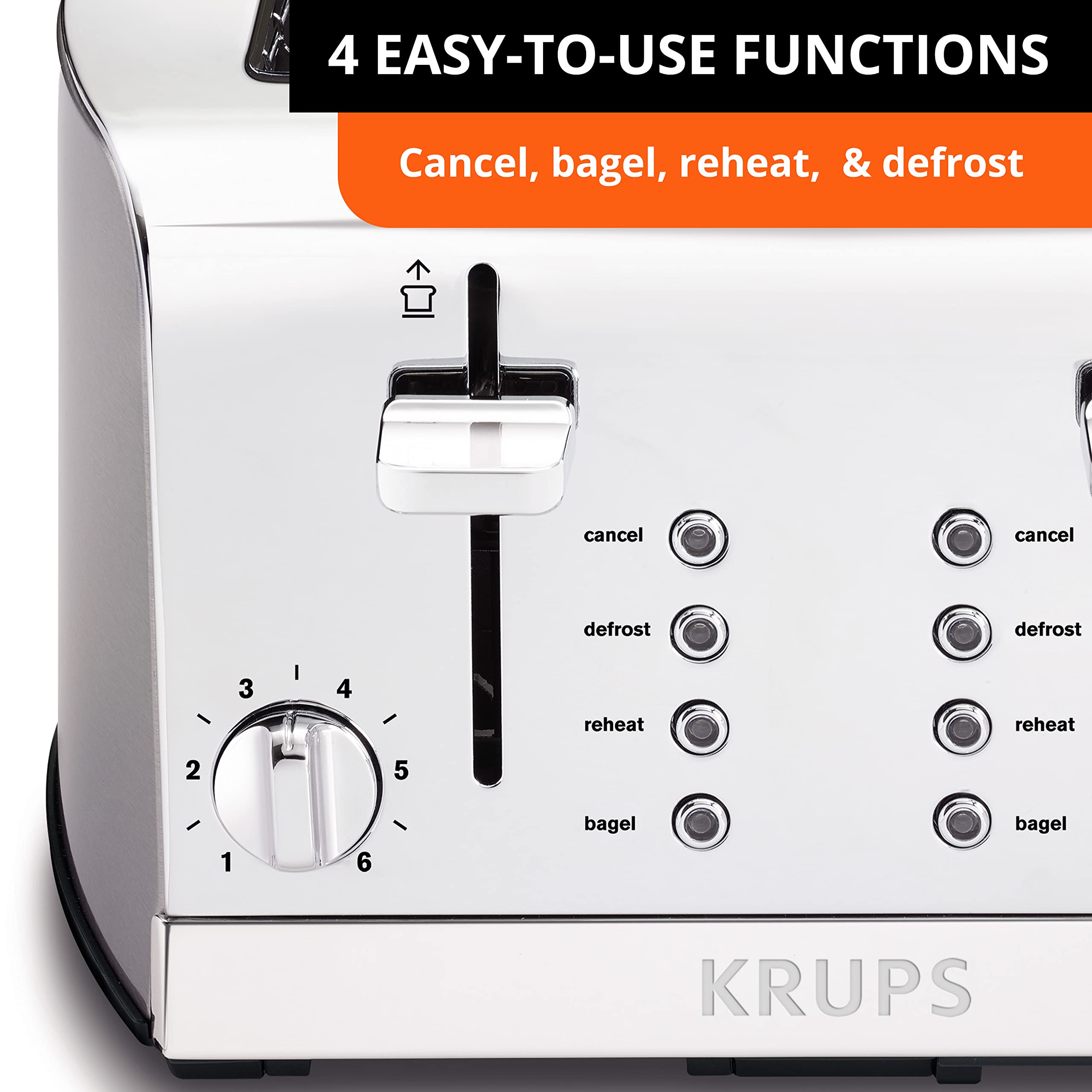 Krups Toaster Stainless Steel Toaster 4 Slice 4 Functions, Cancel, Bagel, Reheat, Defrost, 1500 watts 6 Shade Settings, Removable Crumb Tray