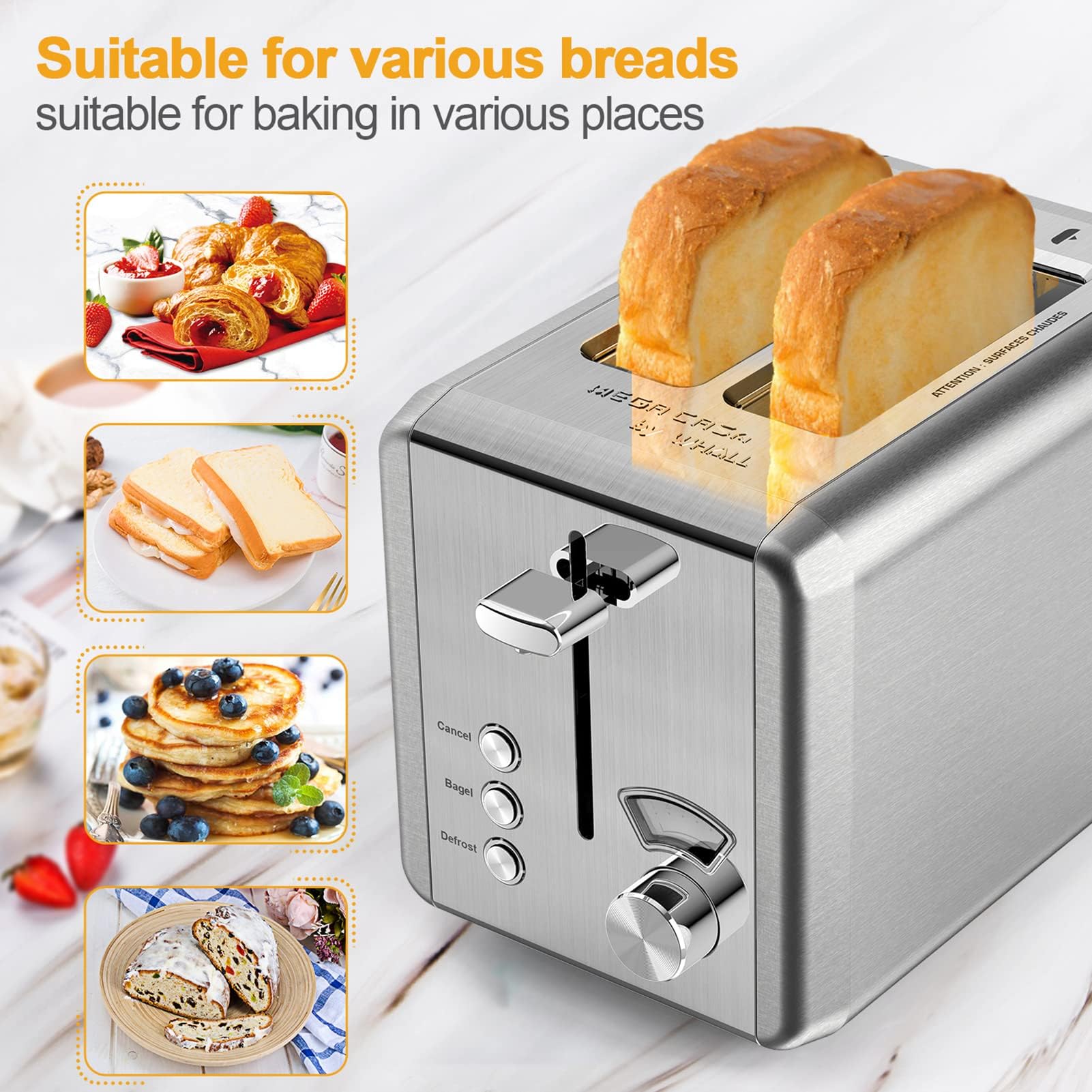 Toaster 2 slice, whall Stainless Steel Toasters with Bagel,Cancel,Defrost Function,Removable Crumb Tray,1.5in Wide Slot,6 Bread Shade Settings,for Various Bread Types (850W)