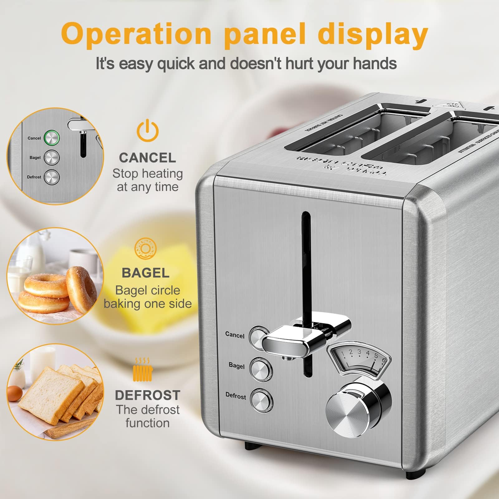 Toaster 2 slice, whall Stainless Steel Toasters with Bagel,Cancel,Defrost Function,Removable Crumb Tray,1.5in Wide Slot,6 Bread Shade Settings,for Various Bread Types (850W)