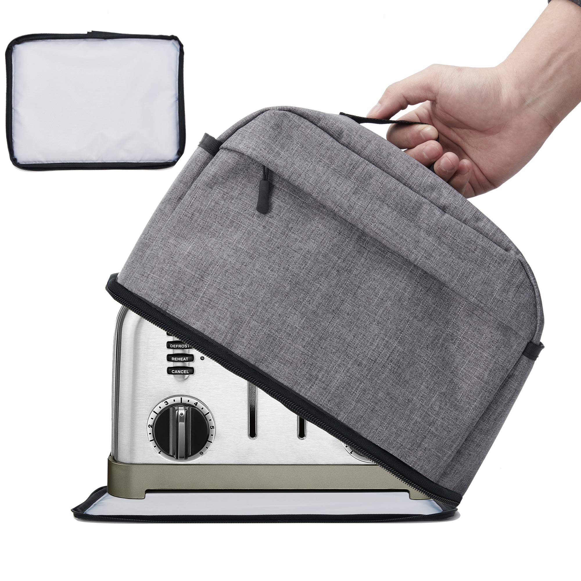 VOSDANS 4 Slice Toaster Cover with Removable Bottom 2-in-1 Toaster Bag with Pockets Toaster Storage Bag with Handle, Dust and Fingerprint Protection, Machine Washable, Gray (Patent Design)