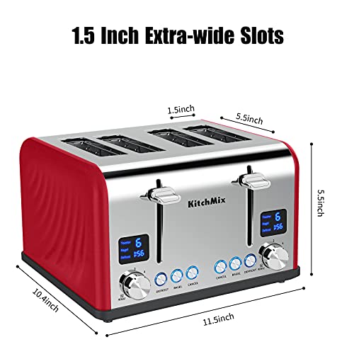 Toaster 4 Slice, KitchMix Bagel Stainless Toaster with LCD Timer, Extra Wide Slots, Dual Screen, Removal Crumb Tray (Red)