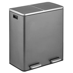 mDesign Metal Steel 16 Gallon/60-Liter, Dual Compartment Step Trash Can; Double Bin Trash Can/Recycler Combo for Kitchen; Holds Garbage, Recycling; Features Two Removable Liner Buckets - Graphite Gray