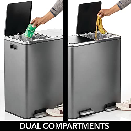 mDesign Metal Steel 16 Gallon/60-Liter, Dual Compartment Step Trash Can; Double Bin Trash Can/Recycler Combo for Kitchen; Holds Garbage, Recycling; Features Two Removable Liner Buckets - Graphite Gray