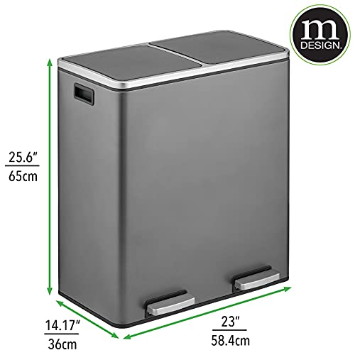 mDesign Metal Steel 16 Gallon/60-Liter, Dual Compartment Step Trash Can; Double Bin Trash Can/Recycler Combo for Kitchen; Holds Garbage, Recycling; Features Two Removable Liner Buckets - Graphite Gray