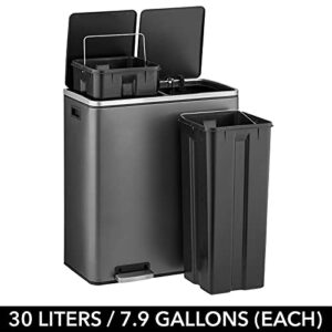 mDesign Metal Steel 16 Gallon/60-Liter, Dual Compartment Step Trash Can; Double Bin Trash Can/Recycler Combo for Kitchen; Holds Garbage, Recycling; Features Two Removable Liner Buckets - Graphite Gray